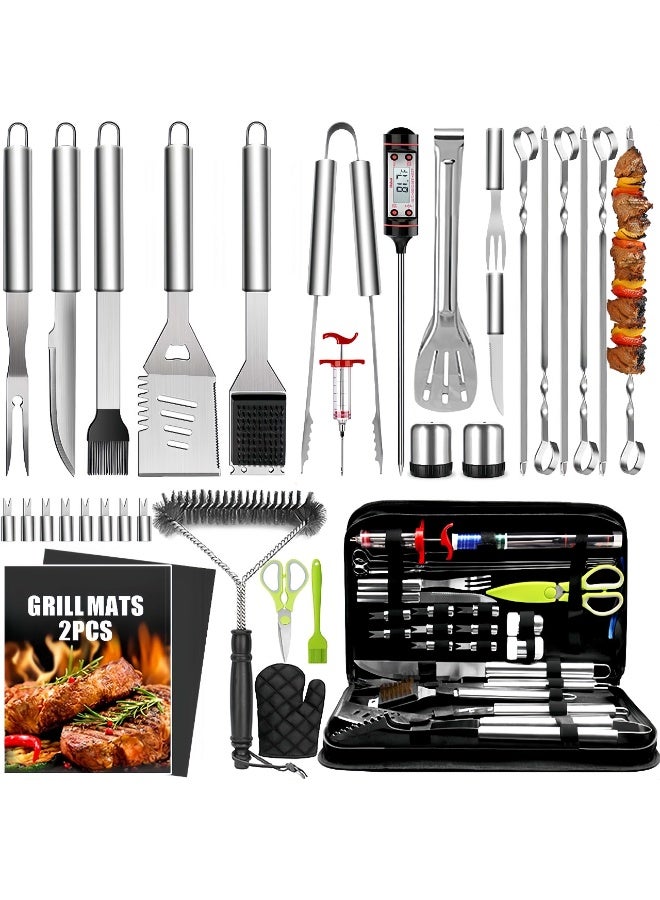 بلومنغ تايم مجموعة ملحقات شواء متينة مكونة من 34 قطعة - طقم أدوات شواء خارجية من الفولاذ المقاوم للصدأ مع حقيبة حمل، وقفازات مقاومة للحرارة، وأسياخ، وحوامل ذرة للتخييم، والفناء الخلفي، وكهدية - Image 1